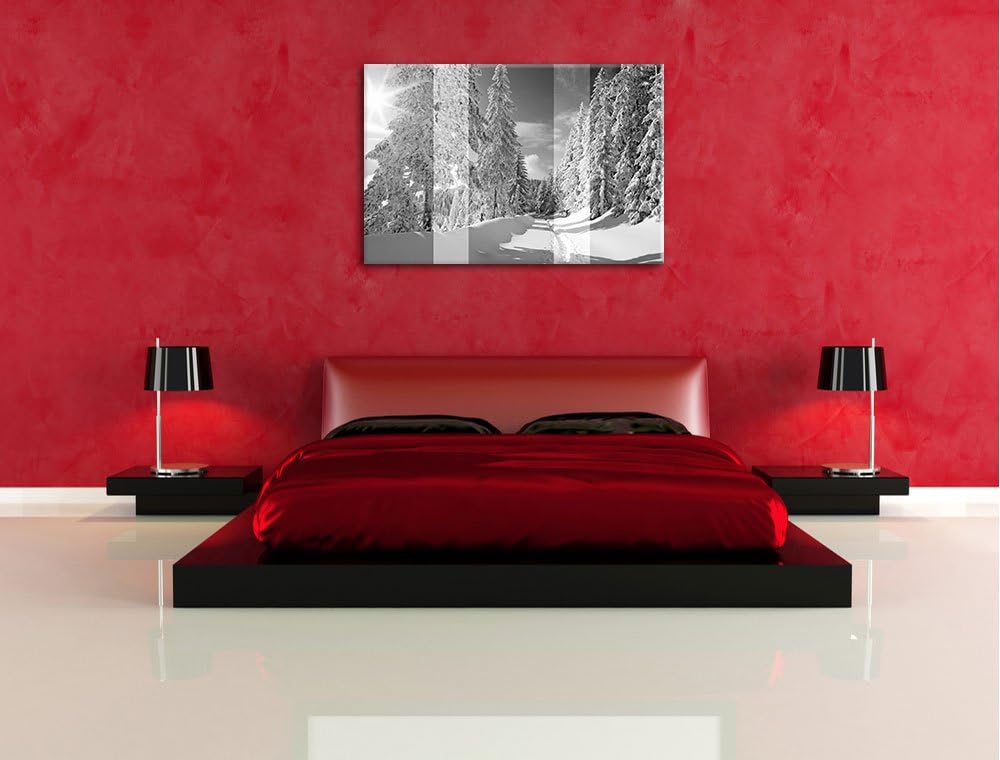 ruhige Winterlandschaft mit verschneiten Bäumen schwarz/weiss Format: 100x70 auf Leinwand, XXL riesi