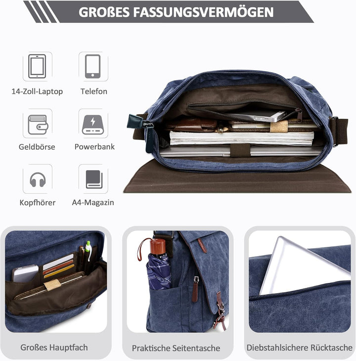 DORRISO Herren Umhängetasche Mode Schultertasche Leinwand Schultertaschen für 13.3 Zoll Laptop Kurie
