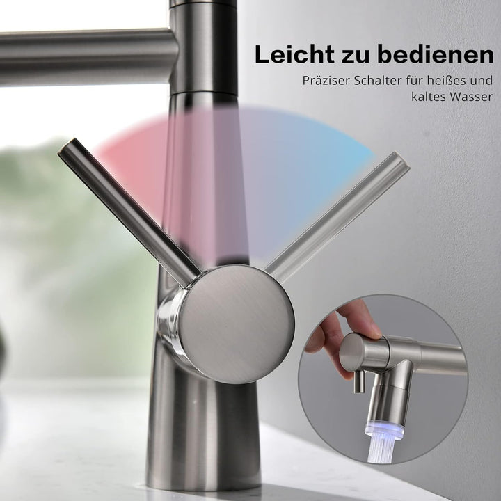 TIMACO LED Küchenarmatur mit Spiralfeder, 360° Schwenkbare Spültischarmaturen mit Zwei Auslauf, Wass