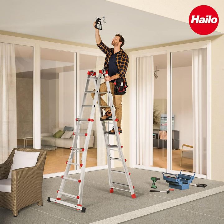 Hailo M80 Alu-Multifunktionsleiter - Mehrzweckleiter mit 4 x 6 Sprossen - variierbar durch 2 Sicherh