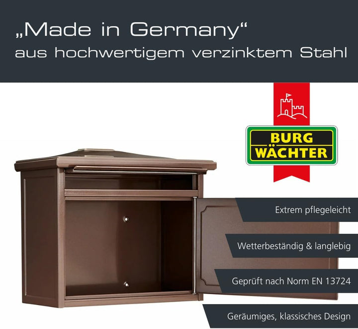 BURG-WÄCHTER Klassischer Briefkasten ohne Zeitungsfach und Namensschild, Verzinkter Stahl, Einwurf-F