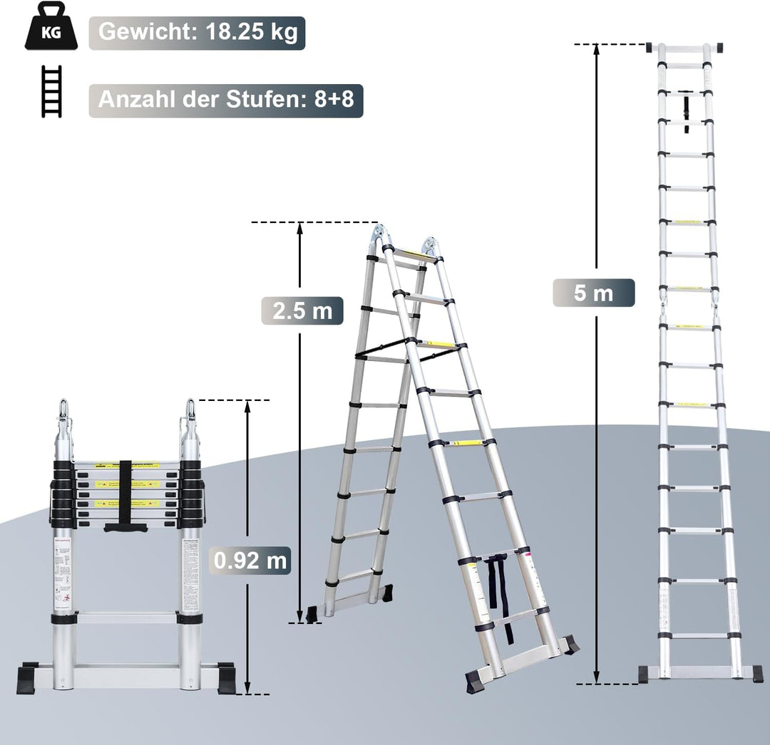 Fiqops Teleskopleiter Mit Rädern, 5M (2,5+2,5) Rutschfester Aluminium Stehleiter, 150 kg/330 Pfund B
