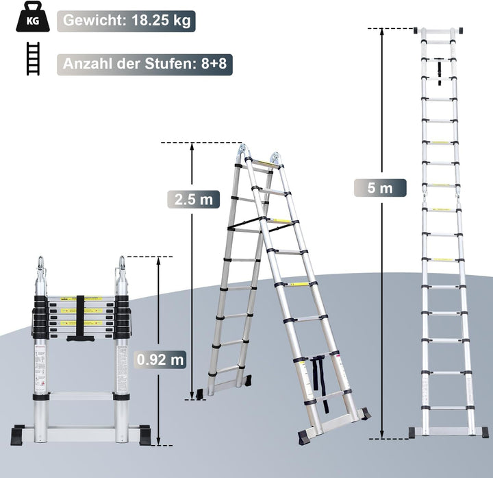 Fiqops Teleskopleiter Mit Rädern, 5M (2,5+2,5) Rutschfester Aluminium Stehleiter, 150 kg/330 Pfund B