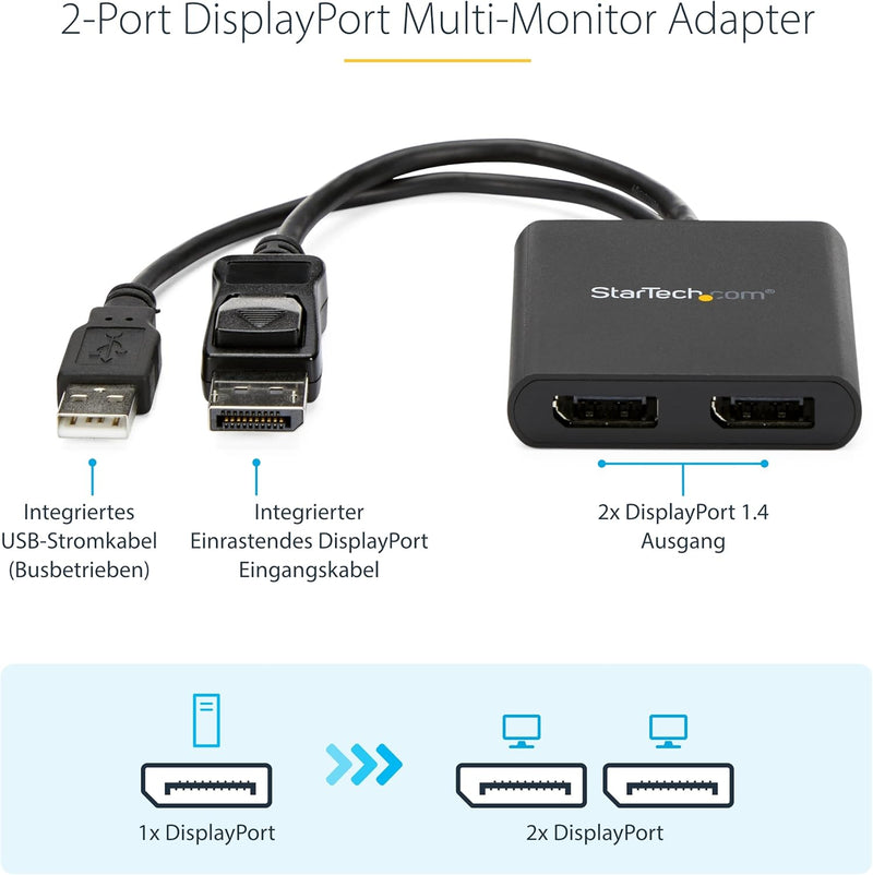 StarTech.com 2-Port Multi-Monitor DisplayPort Adapter, DP auf 2x DisplayPort 1.2 Splitter, Dual 4K 3