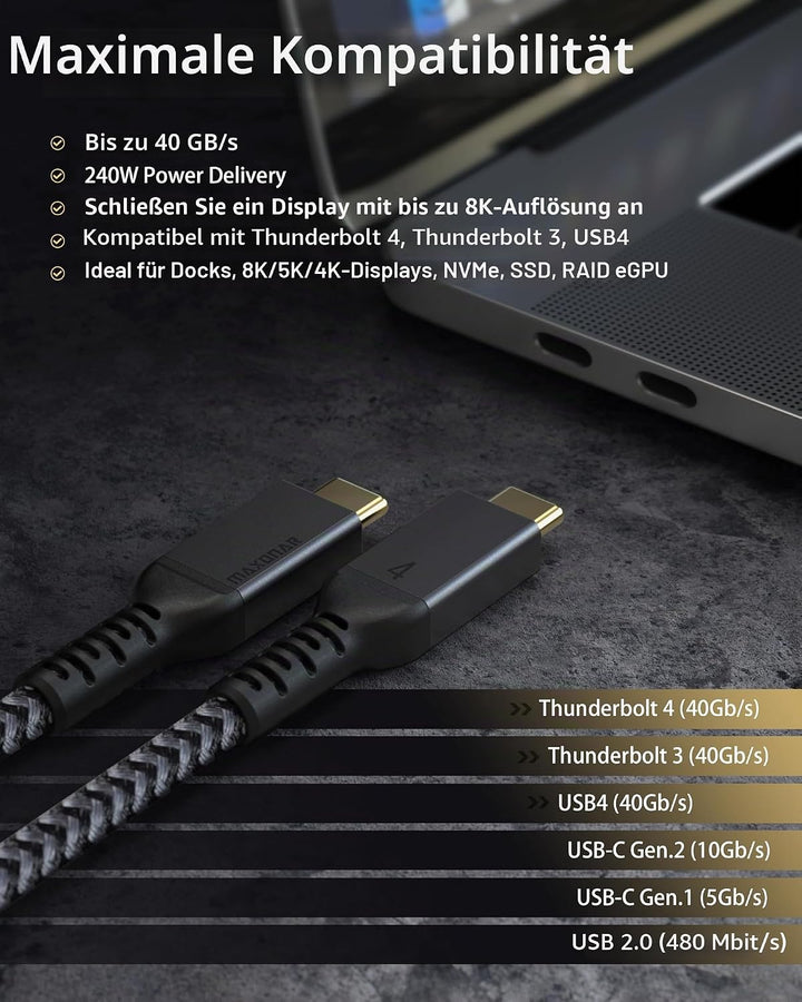 Maxonar Thunderbolt 4 Kabel 1m/40Gbps, TB4 USB C 4.0 Kabel Unterstützt 1x8K 60hz oder doppelten 4K60
