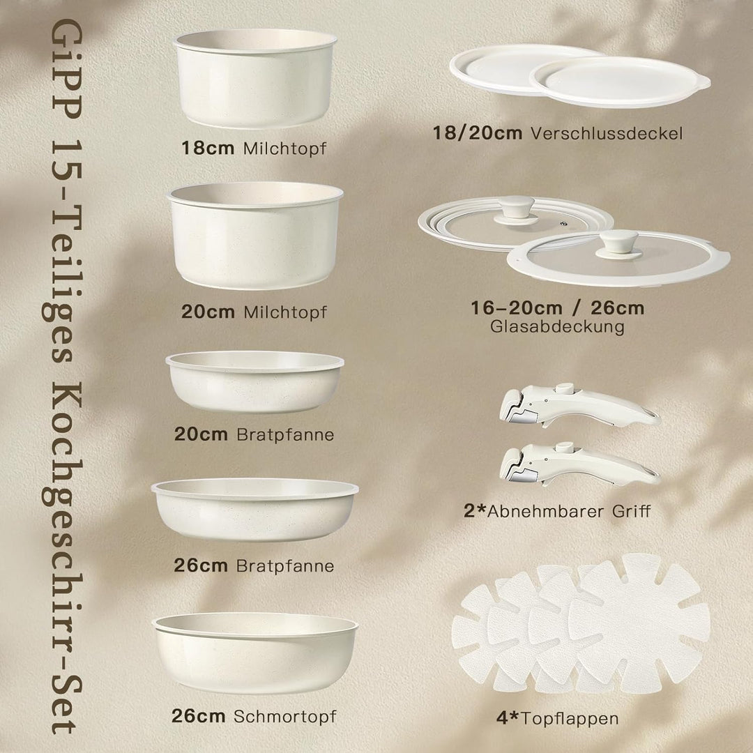 GiPP Pfannenset Topfset mit Abnehmbarer Griff, 15-Teilig Topfsets Induktion mit Keramik Antihaft Bes