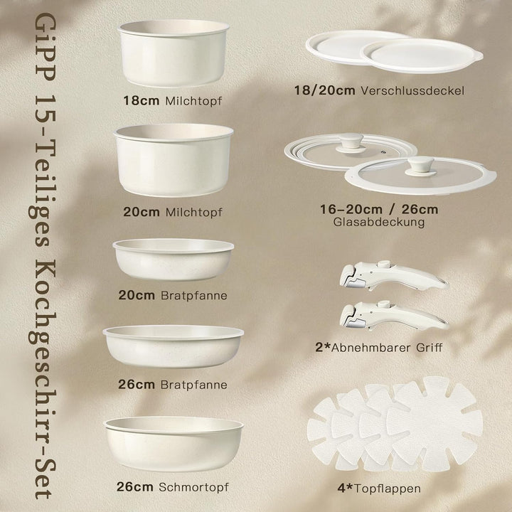 GiPP Pfannenset Topfset mit Abnehmbarer Griff, 15-Teilig Topfsets Induktion mit Keramik Antihaft Bes