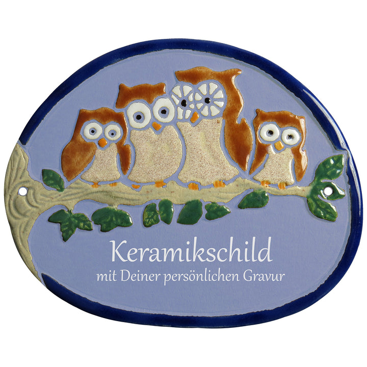 Handarbeit aus Schleswig-Holstein Keramikschild 19,0 x 15,0 cm Vier braue Eulen auf AST (hellblau),