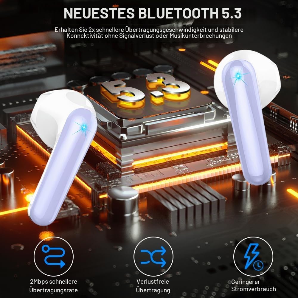 Bluetooth Kopfhörer, Kopfhörer Kabellos Bluetooth 5.3 In Ear kopfhörer bluetooth mit 4 Mic, 50H Kabe