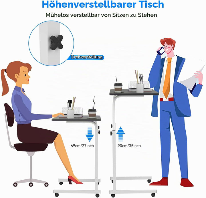 PIPIPOXER 60x40cm Laptoptisch mit Rollen, Laptoptisch höhenverstellbarer 69-90 cm, Schreibtisch Comp