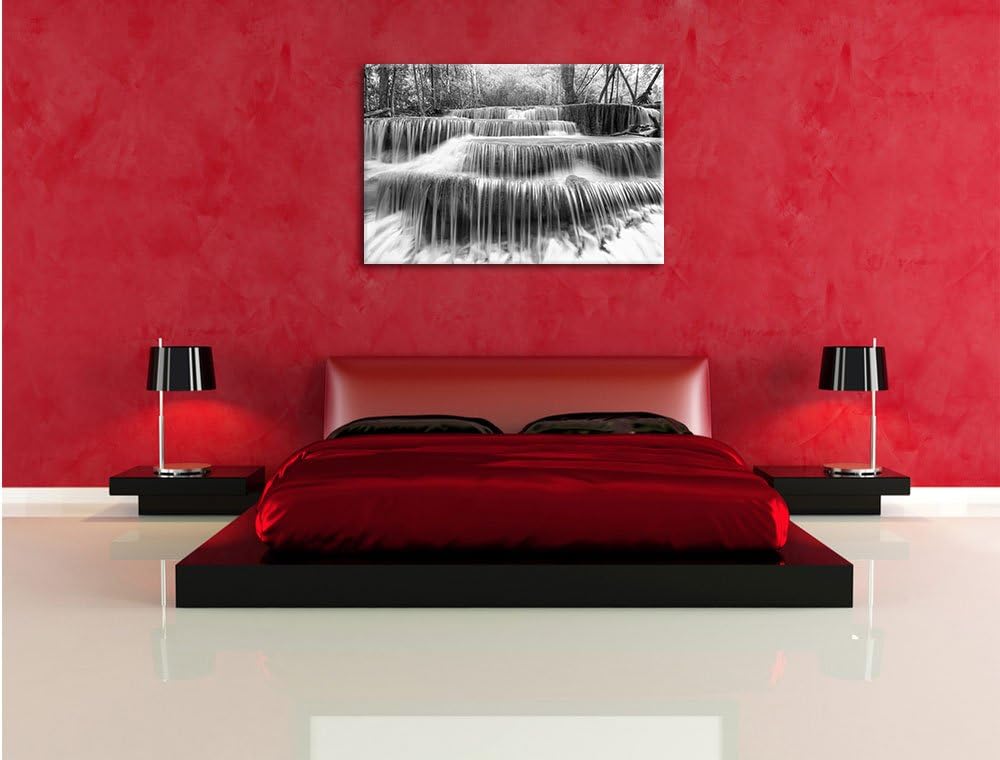 Pixxprint Wasserfall im Regenwald / 100x70cm Leinwandbild bespannt auf Holzrahmen/Wandbild Kunstdruc