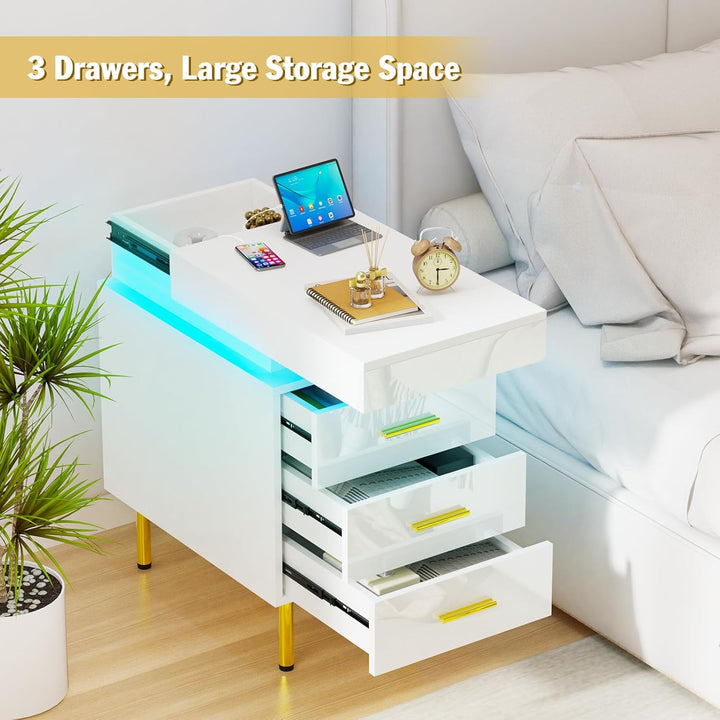 PIPIPOXER 2er Set Nachttisch mit LED, Nachttisch mit Steckdose & USB, Nachtkommode mit 3 Schubladen