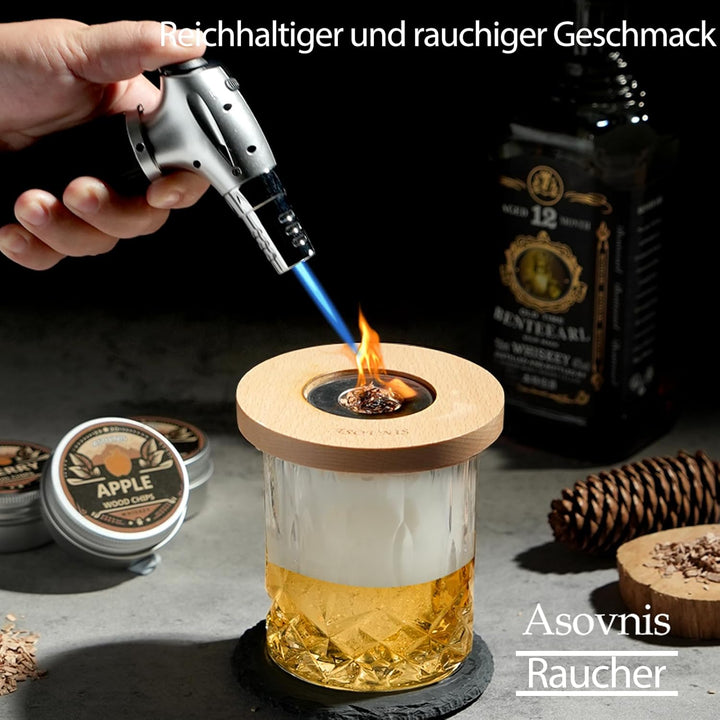 Whisky-Räucherset mit Fackel-6 Geschmacksrichtungen, Holzspäne, 2 Gläser, 6 Whiskysteine, Cocktail-R
