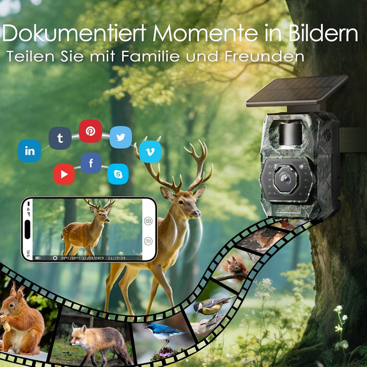 WLAN Wildkamera mit Handyübertragung App - Wildtierkamera mit Nachtsicht Bewegungsmelder Solar Wildk