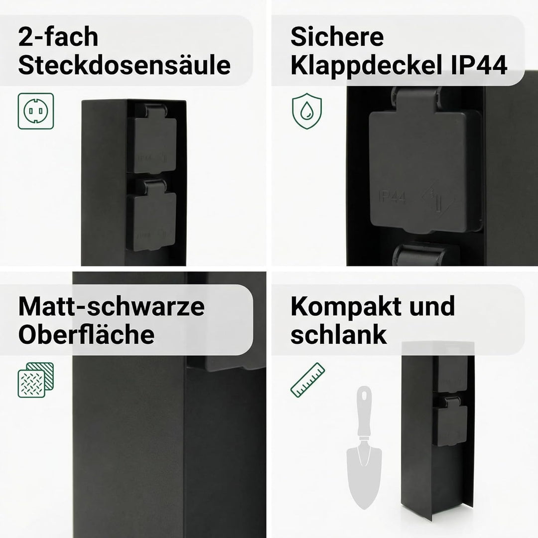 LED Universum Gartensteckdose aus Edelstahl, IP44 für aussen (Schwarz 2-fach), Schwarz 2-fach