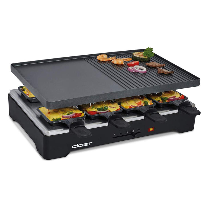 Cloer 6446 Raclettegrill mit Aluminium Druckguss Platte - beidseitig verwendbar, 1200 W, 8 antihaftb