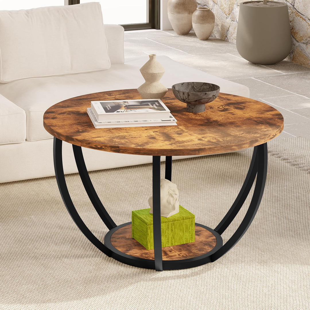 HOMERECOMMEND Round Coffee Table,Couchtisch Rund,2 stufiger Couchtisch mit Lagerung Regale,Wohnzimme