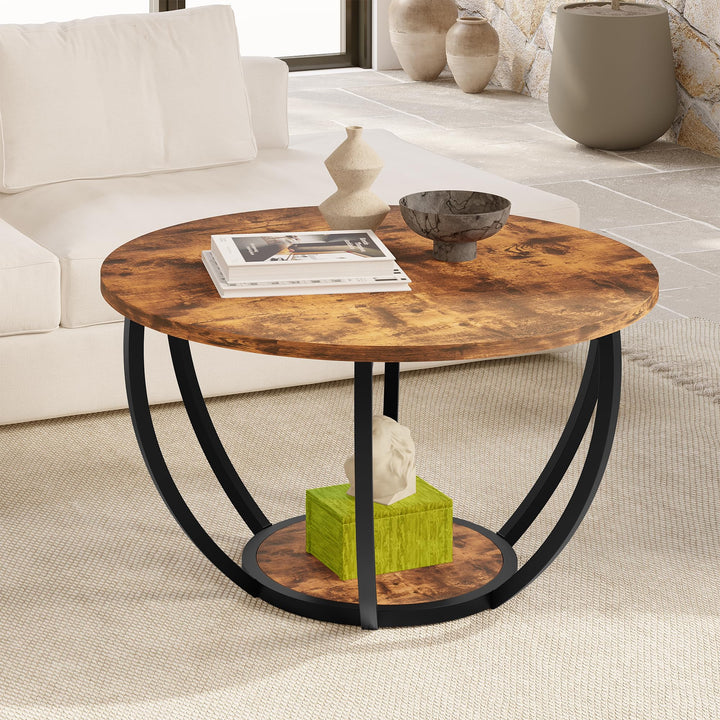 HOMERECOMMEND Round Coffee Table,Couchtisch Rund,2 stufiger Couchtisch mit Lagerung Regale,Wohnzimme