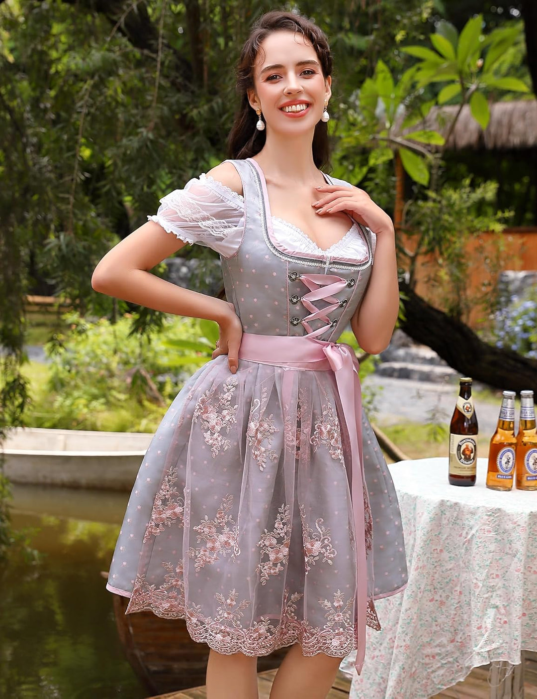 Clearlove Dirndl Damen Midi Trachtenkleid 3 Teilig inkl. Dirndl Kleid Dirndlschürze Dirndlbluse für