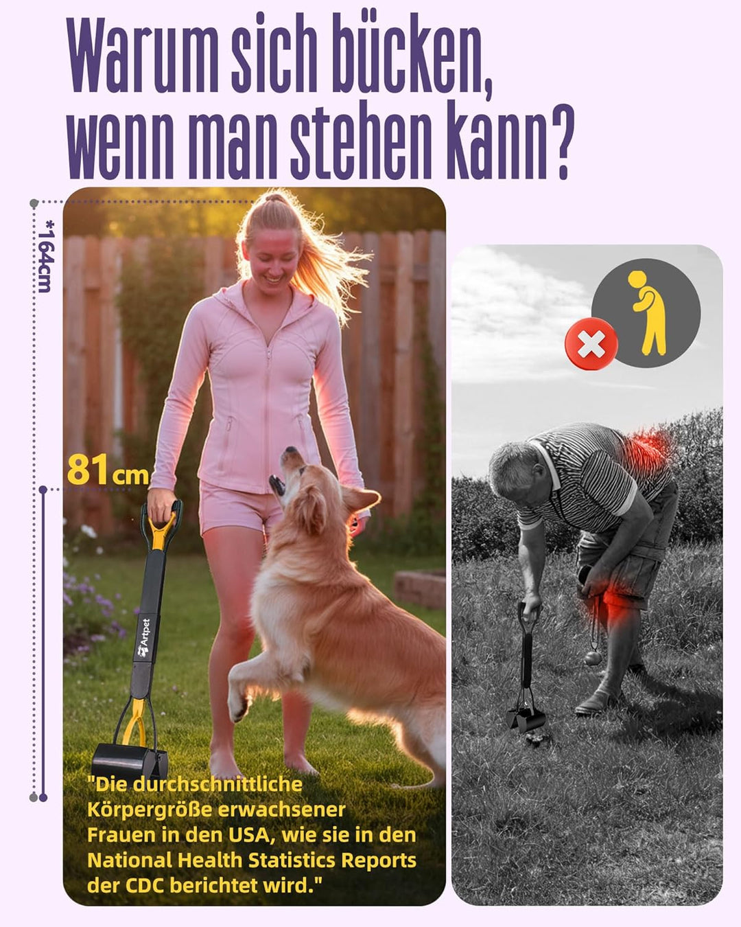 Hundekotsammler mit langem Griff – Faltbare Hundekotschaufel, Kein Bücken, Für Gras, Erde, Sand & Ki