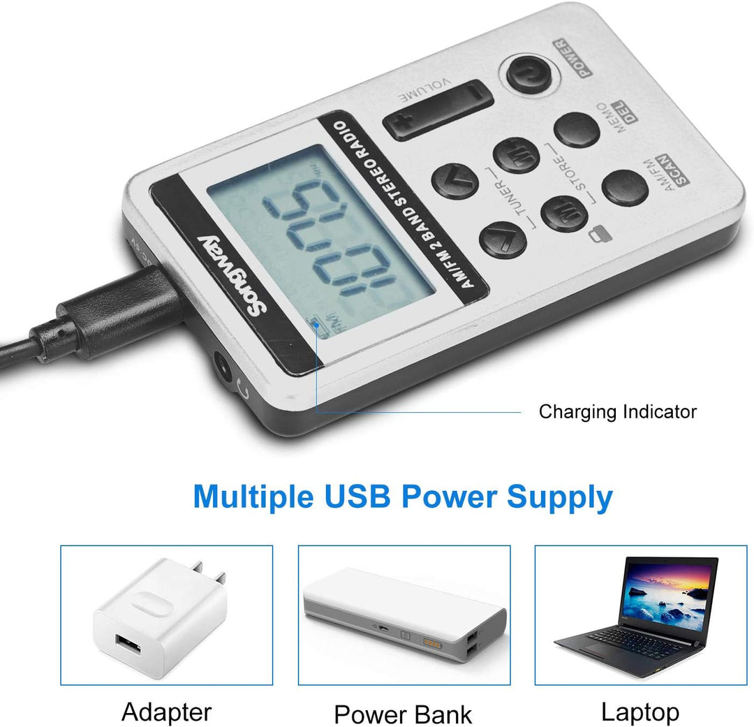 Songway AM/FM-Taschenradio Stereo mit Kopfhörer-LCD-Display USB Wiederaufladbar Hervorragender DSP-E