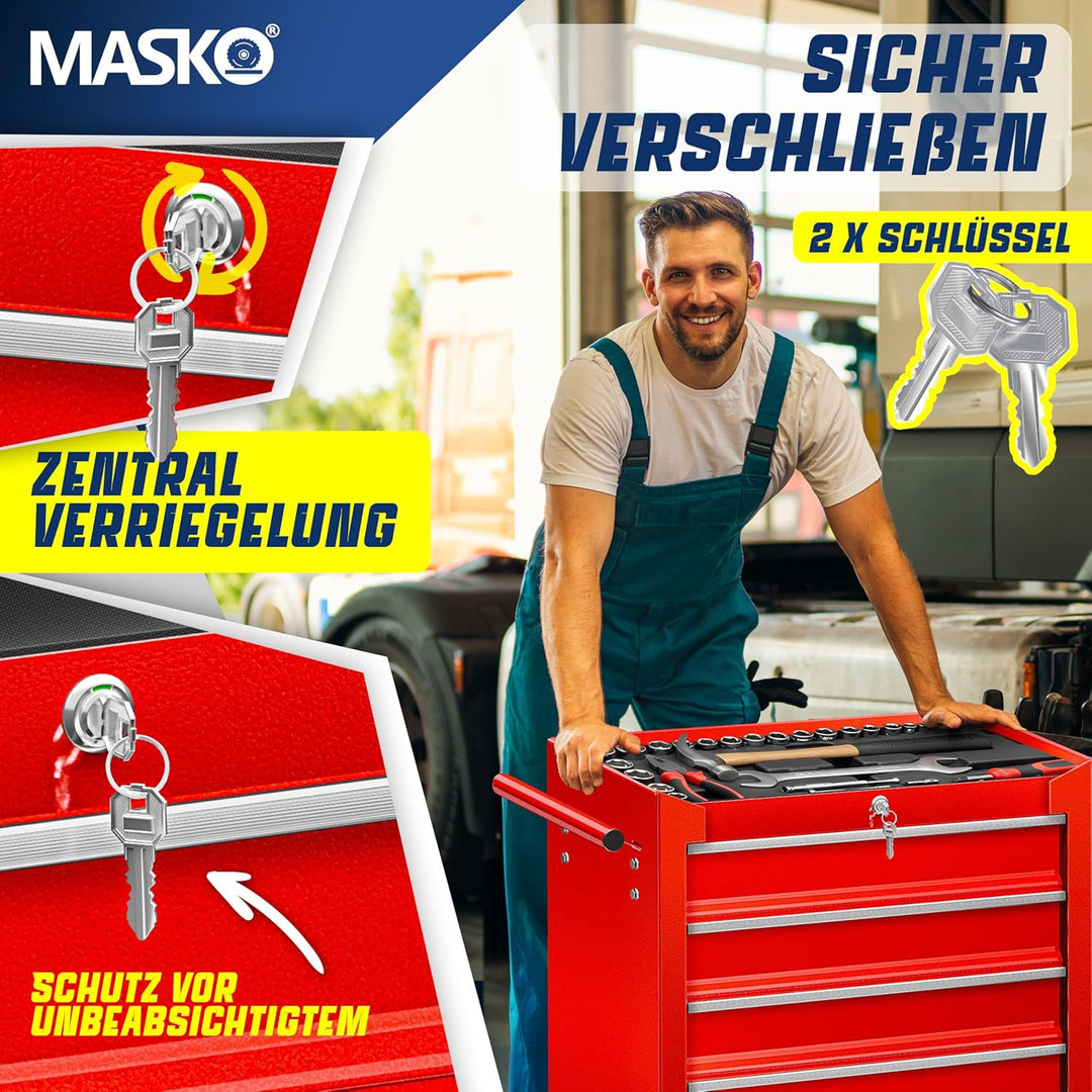 MASKO® Werkstattwagen - 5 Schubladen, Abschliessbar | Massives Metall | Mobiler Werkzeug-Wagen ohne
