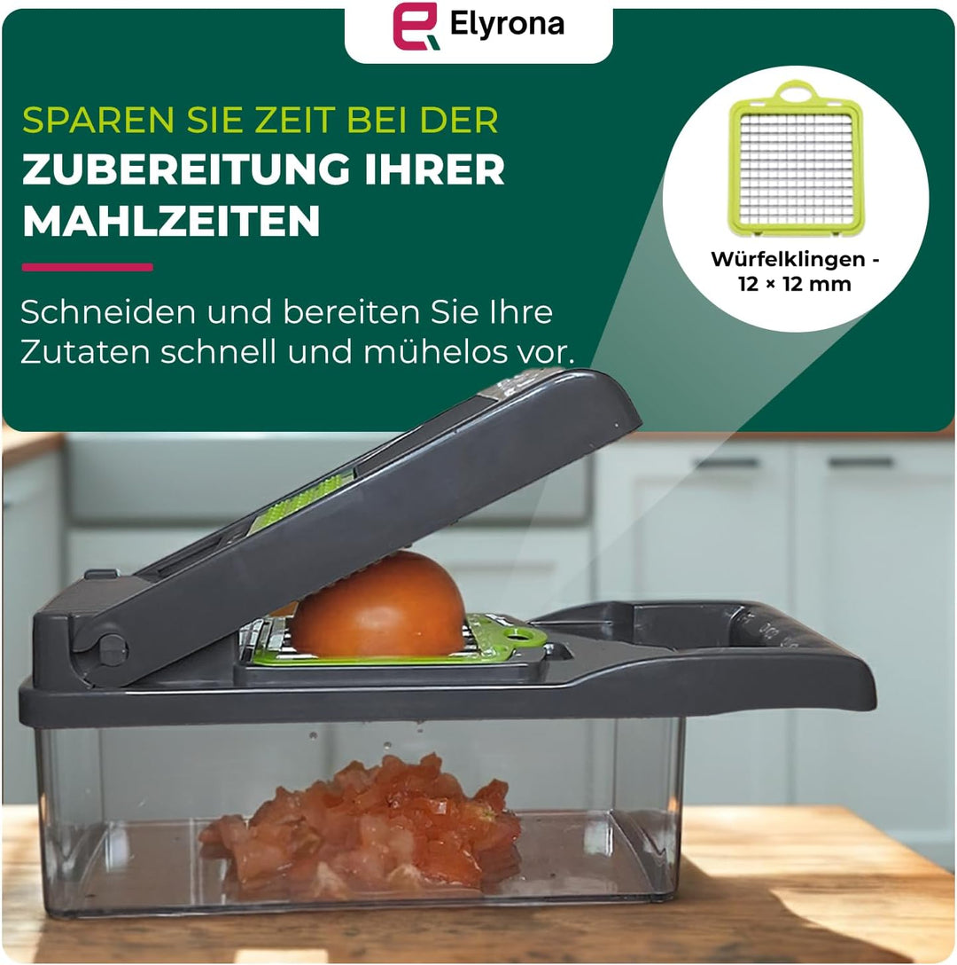 Elyrona - Multifunktion Gemüseschneider & Mandoline – Gemüsehobel mit Auffangbehälter, Würfelschneid