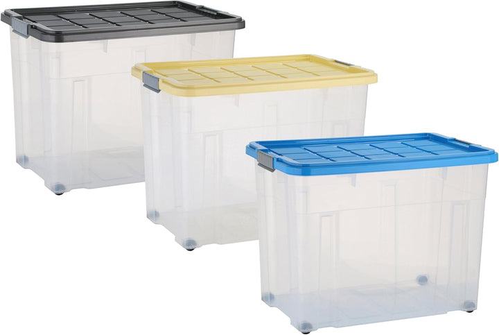 axentia Aufbewahrungsbox mit Rollen & Deckel, Stapelbox aus Kunststoff 80 Liter, Eurobox transparent