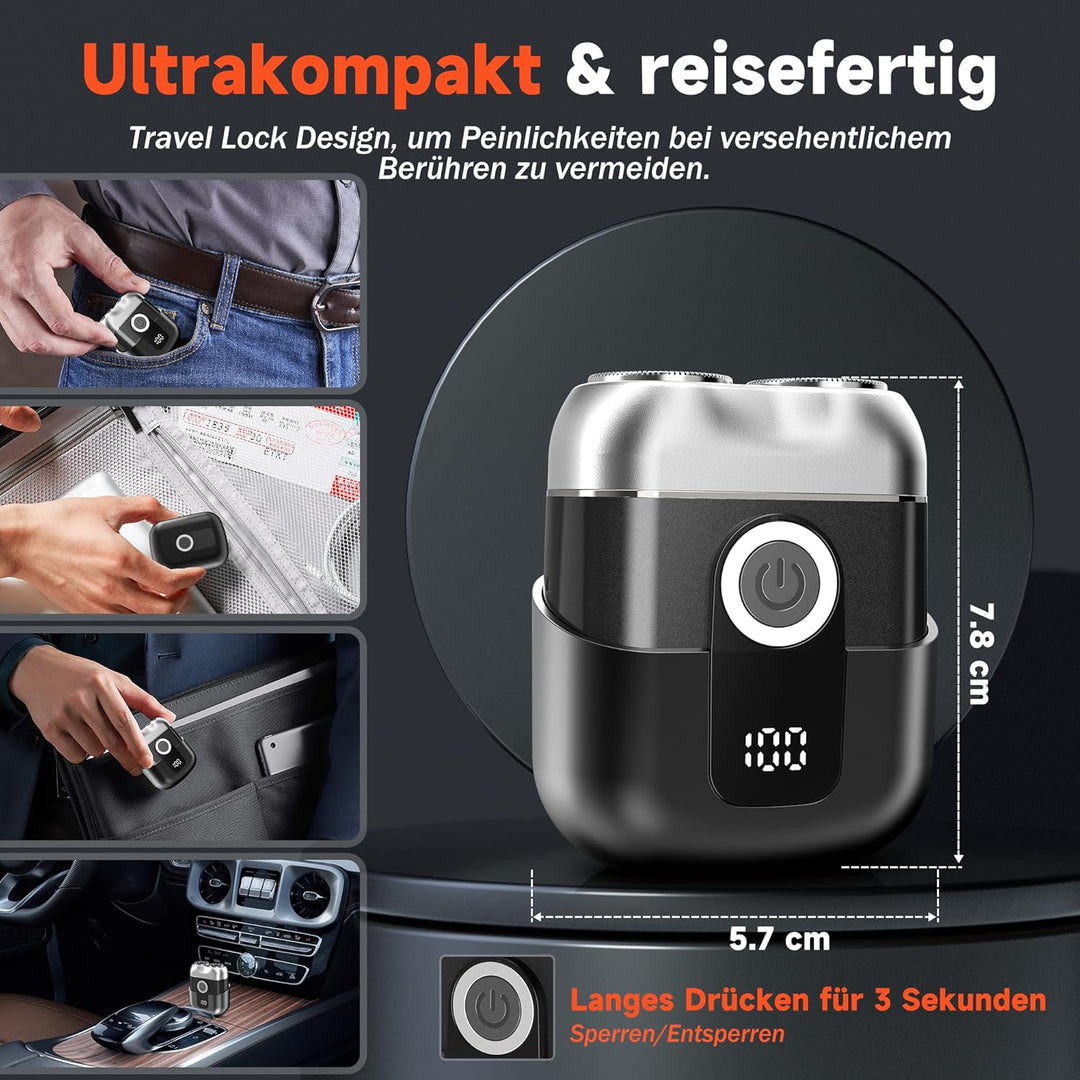 Mini Rasierer Herren Elektrisch mit LED-Anzeige, IPX6 Wasserdichter Elektrorasierer Herren, Tragbare