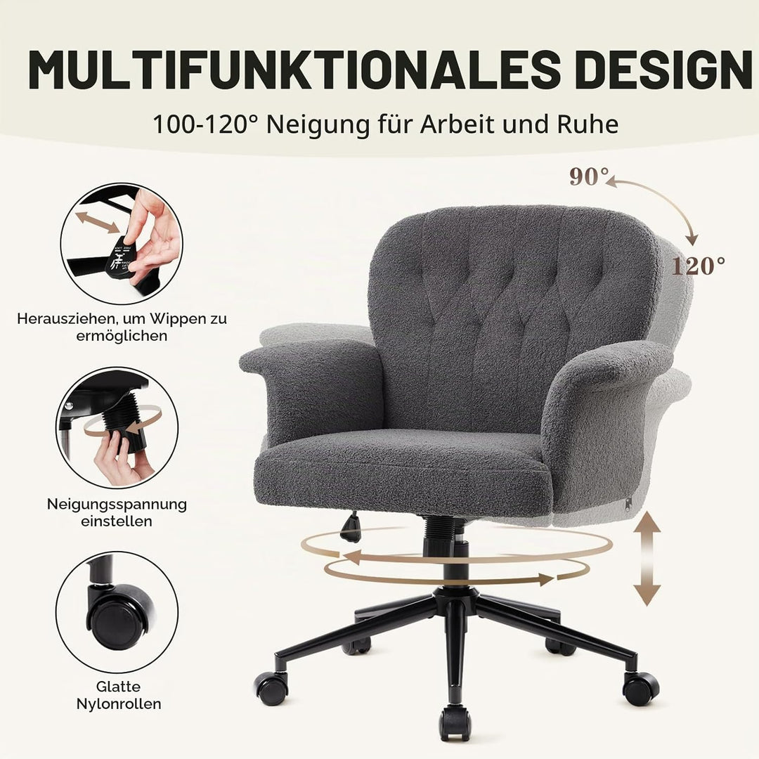 IWMH Schreibtischstuhl, Teddyfell Drehstuhl mit Rollen und Armlehnen, Moderner Höhenverstellbar Home