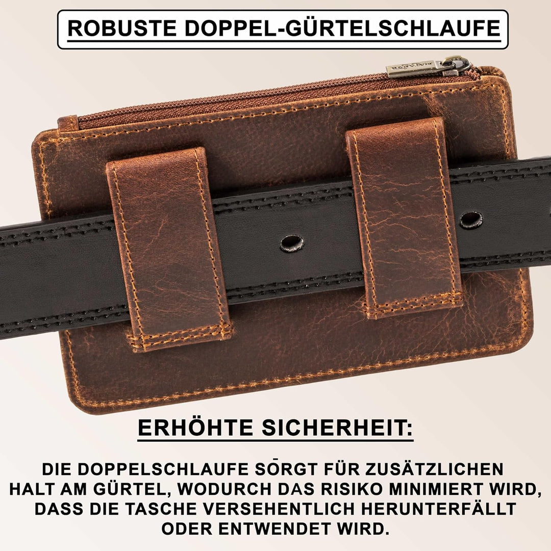MATADOR Echt Leder Gürteltasche mit Magnetverschluss und YKK Reissverschlussfach mit RFID Schutz für