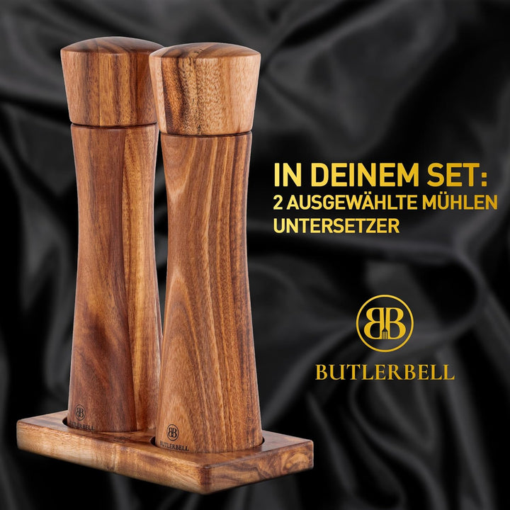 Salz und Pfeffermühle Holz inkl. Untersetzer | 2er Set Gewürzmühle mit verstellbarem Keramikmahlwerk