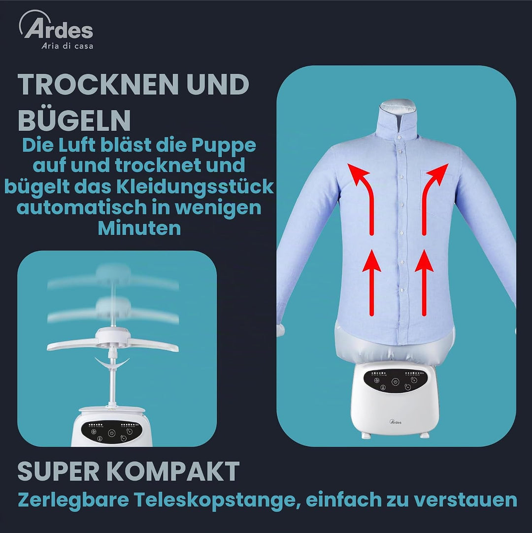 Ardes ARMST02D Automatischer Hemdenbügel BLOWY D Bügelpuppe zum Trocknen und Bügeln von T-Shirts, Bl