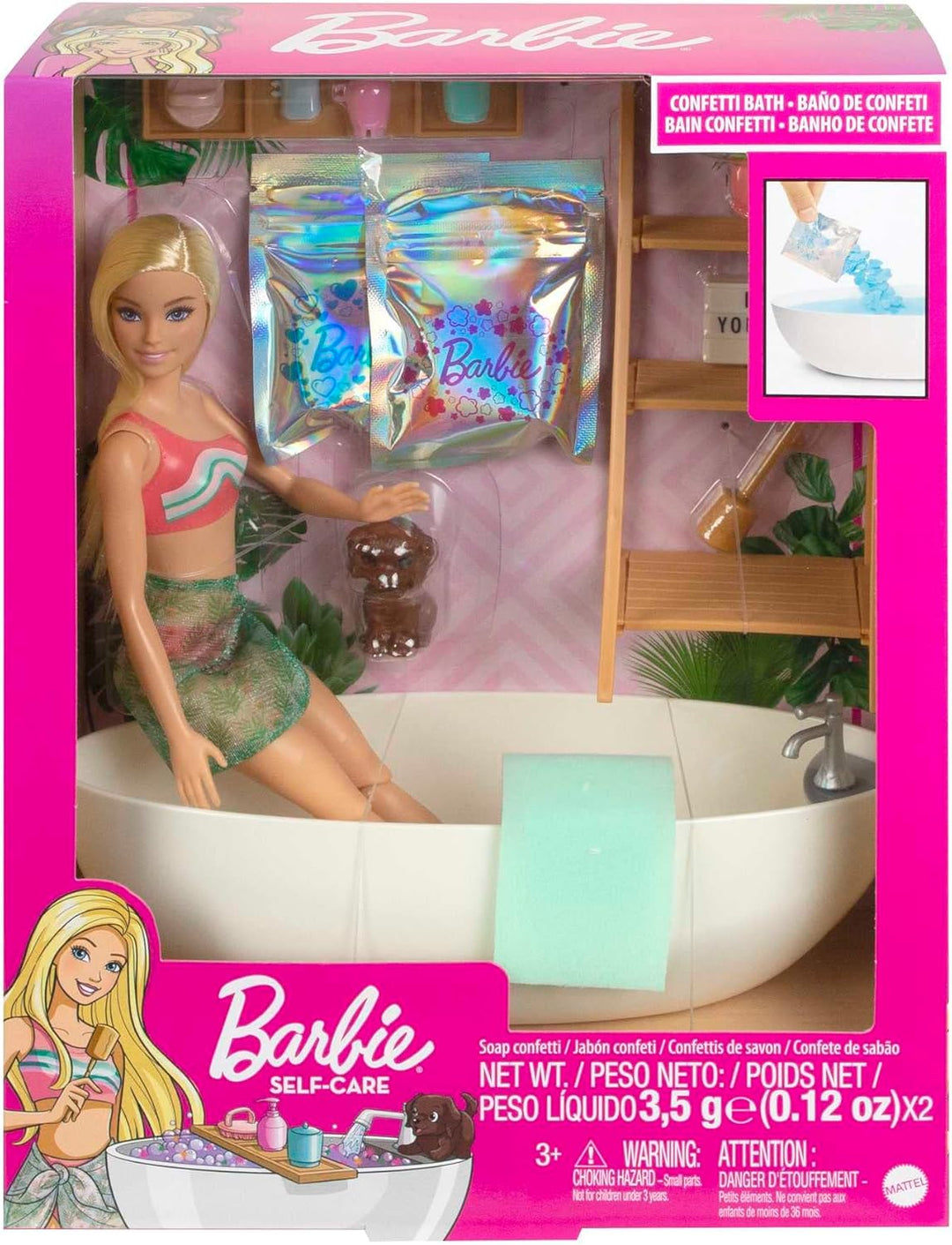 Barbie Self-Care Serie, Konfetti-Bad, Barbie-Puppe mit blonden Haaren, Badeanzug, Welpe,2 Konfetti-S