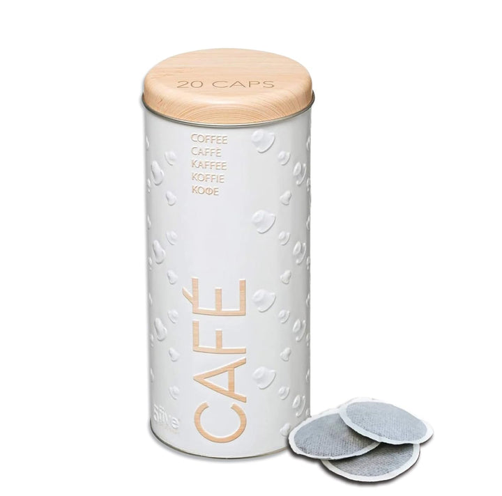 1X kaffeepads, Metalldose für Kaffeepads, Kaffeespender Paddose, Kaffeebox Pads (Weiss, 18 x 8 x 8 c