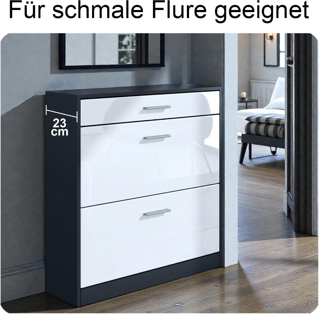 Schuhschrank Roma Schmal mit 2 Klappen und 1 Schublade, Platzsparender Schuhkipper Flurschrank für D