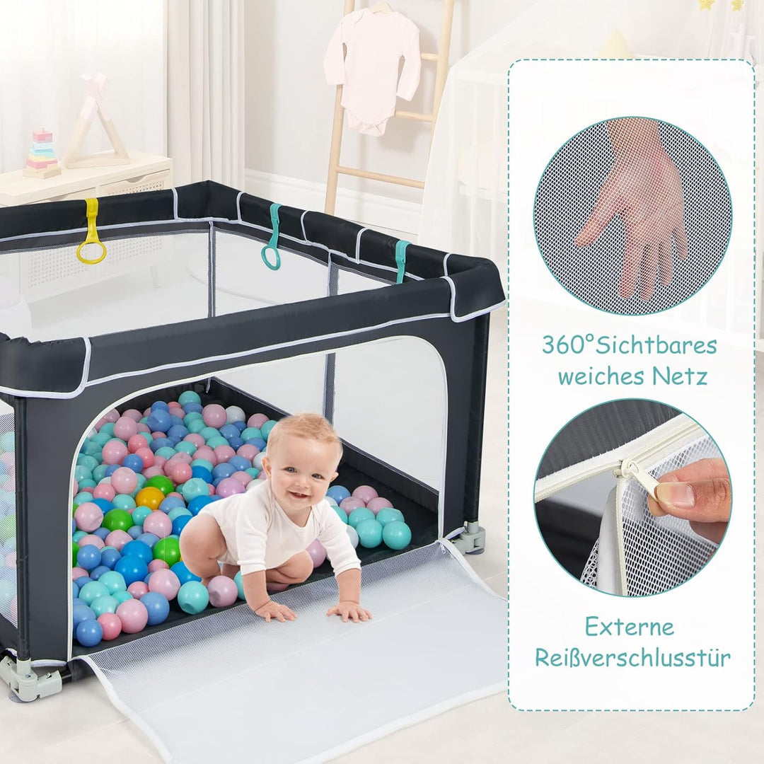 DREAMADE Laufstall Baby, 124 x 124 cm Laufgitter Klappbar mit 50 Spielbällen & 4 Zugringen, Schutzgi