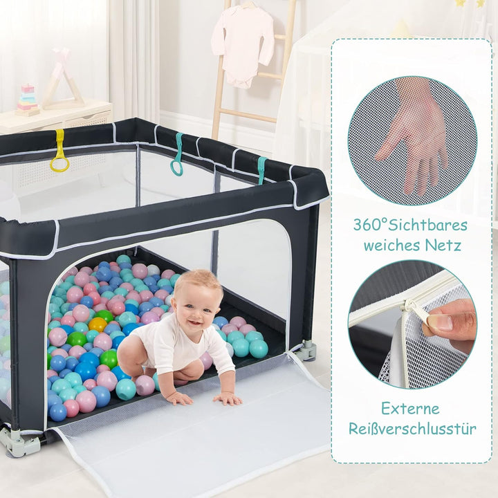 DREAMADE Laufstall Baby, 124 x 124 cm Laufgitter Klappbar mit 50 Spielbällen & 4 Zugringen, Schutzgi