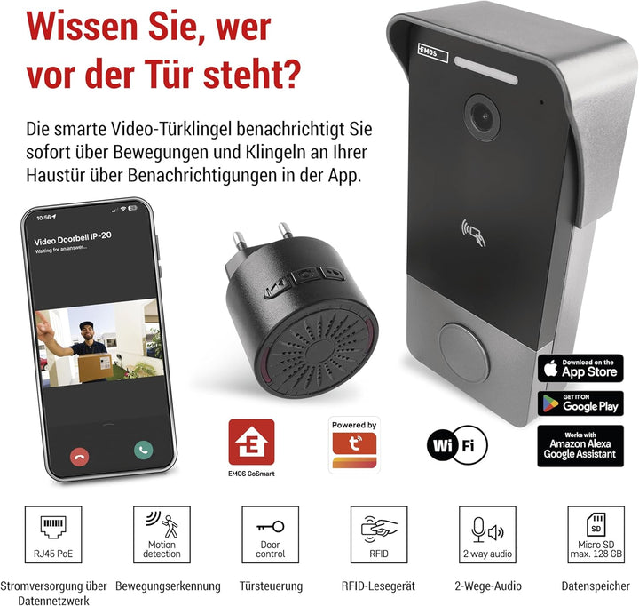 EMOS GoSmart Video-Türklingel mit App - 1-Draht Ethernet Verbindung - wasserfeste Smart Home Videokl