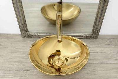 VBChome Waschbecken Gold + Armatur 41 x 35 x 15 cm Kleine Keramik Oval Waschtisch Handwaschbecken Au