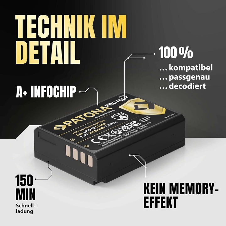 PATONA Protect V1 (2X) Ersatz für Akku Canon LP-E10 (echte 1020mAh) mit NTC-Sensor und V1 Gehäuse ko