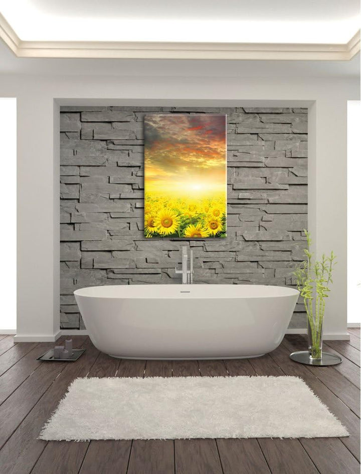 Sonnenblumenfeld, Format: 100x70 auf Leinwand, XXL riesige Bilder fertig gerahmt mit Keilrahmen, Kun