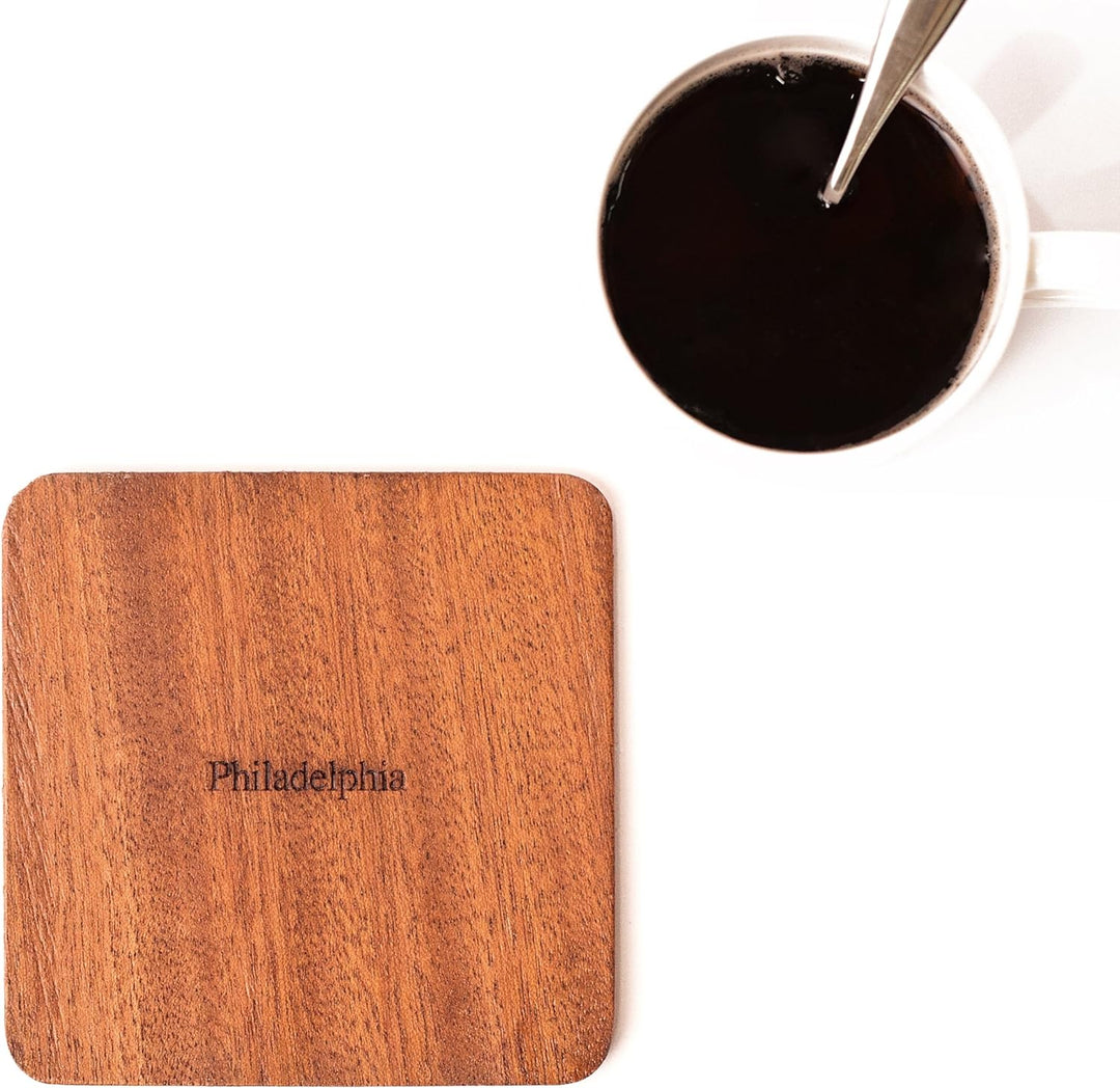 Philadelphia Untersetzer mit Landkarte aus Sapeli-Holz, 4 Stück, mit Stadtkarte, mehrere Stadt optio