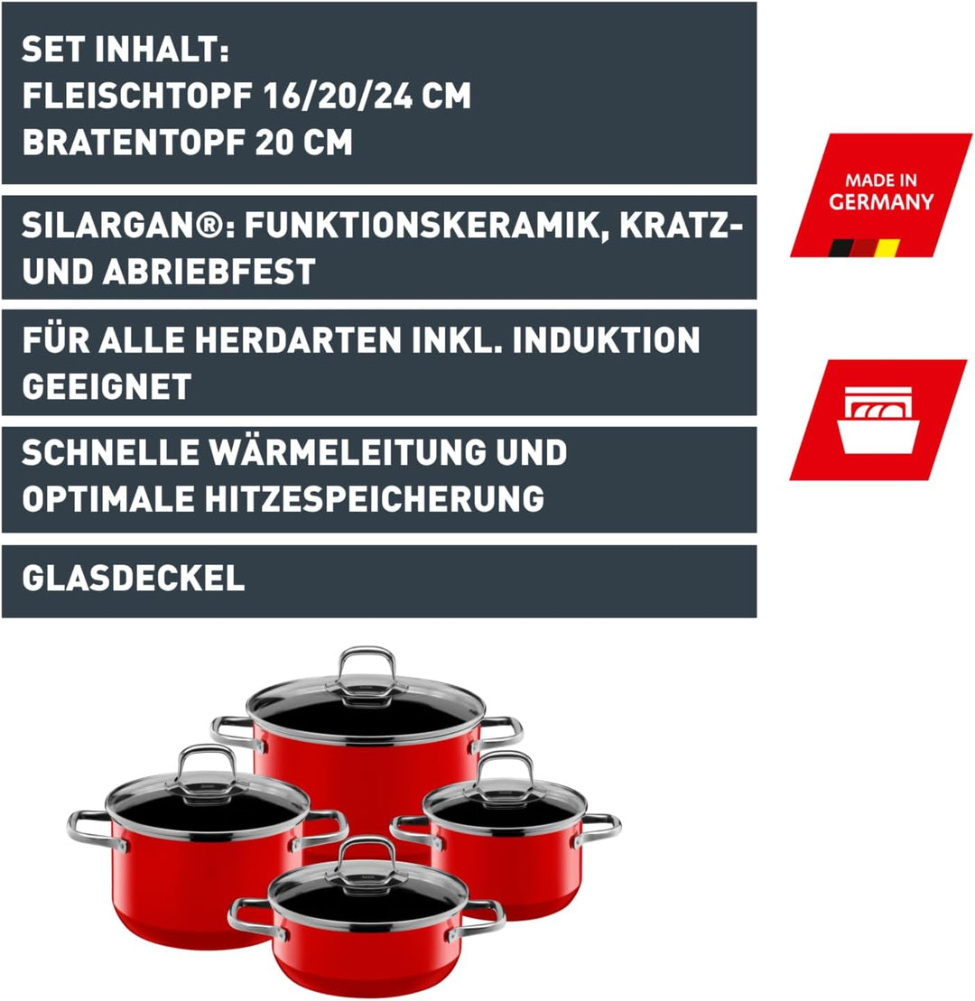 Silit Elegance Line Topfset Induktion 4-teilig, Kochtopf Set mit Glasdeckel, Silargan Funktionskeram