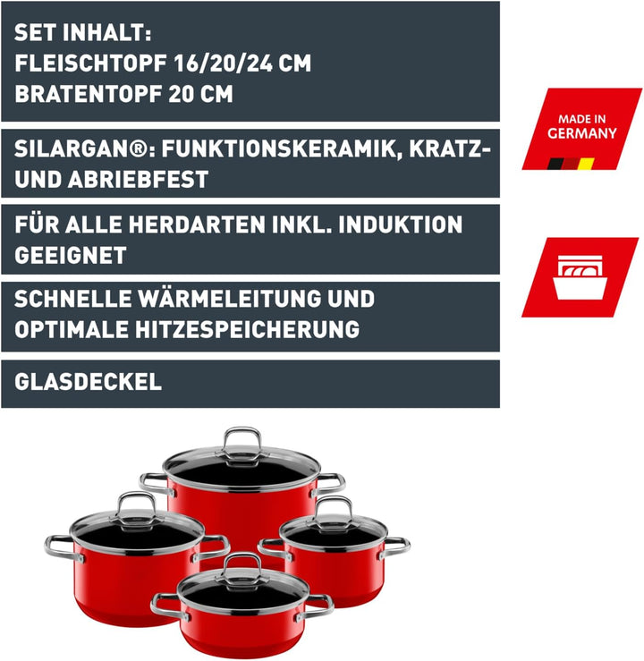 Silit Elegance Line Topfset Induktion 4-teilig, Kochtopf Set mit Glasdeckel, Silargan Funktionskeram