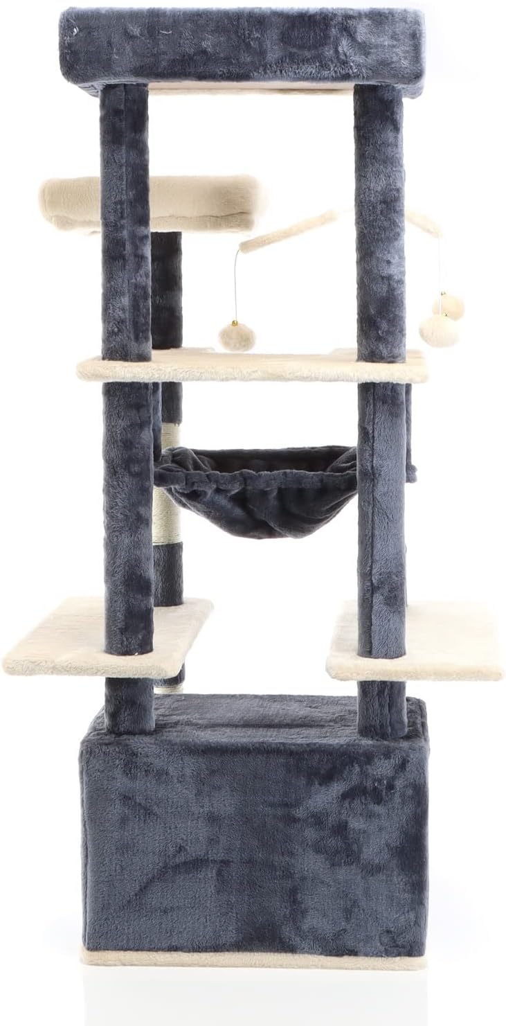 Fudajo Kratzbaum in Dunkelgrau/Beige 134 cm hoch, Katzenkratzbaum mit Katzenhaus + Liegemulde, Katze