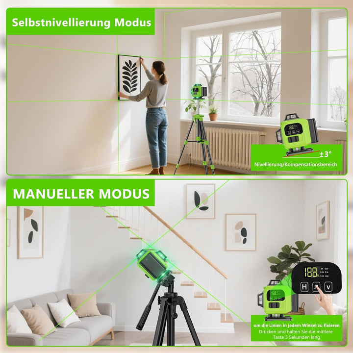 Kreuzlinienlaser Grün 16 Linien Nivellierlaser mit Stativ, 4 x 360 ° Laser wasserwaage, linienlaser