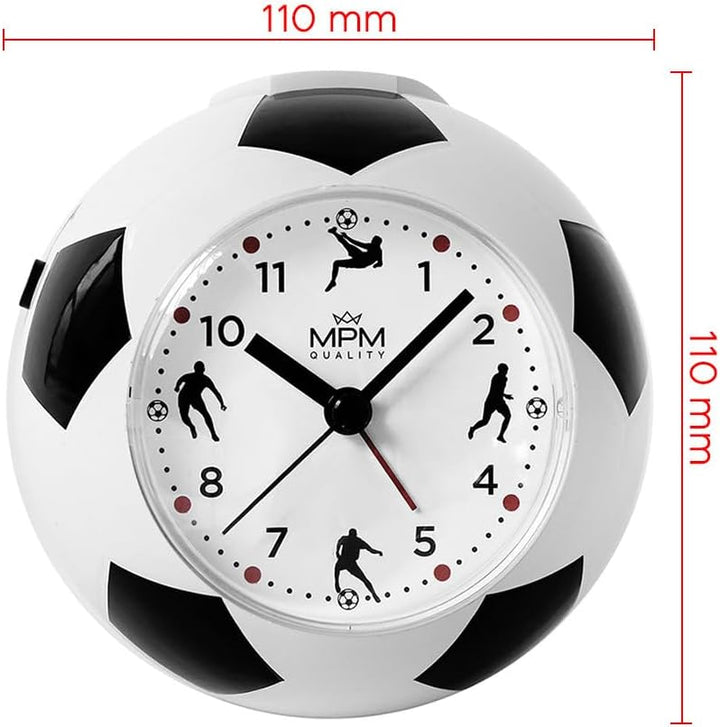 MPM Quality Design Kinder Wecker aus Kunststoff, Fussball Form und Motiv, Weiss/Schwarz, Quarz-Sweep