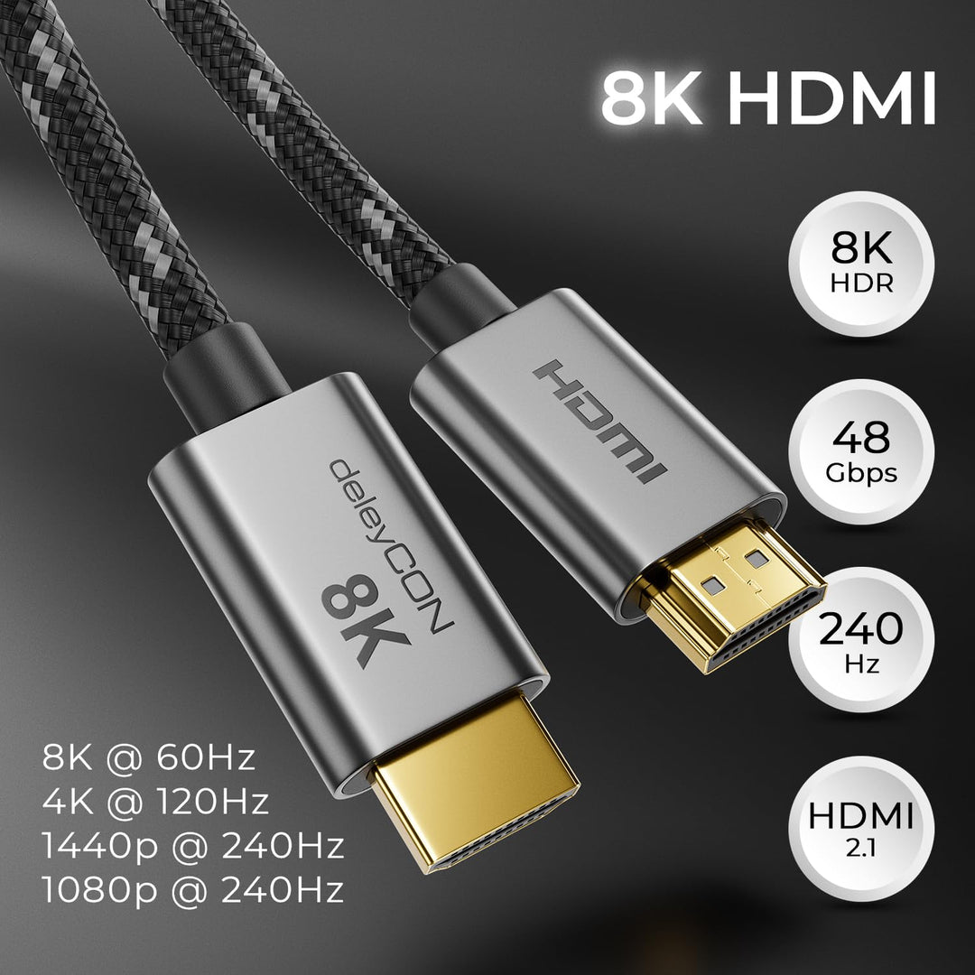 deleyCON 8K HDMI 2.1 Kabel 7,5m - für TV, Monitor, PS4, PS5, Xbox, Dolby Atmos Soundbar eARC, HDR10+