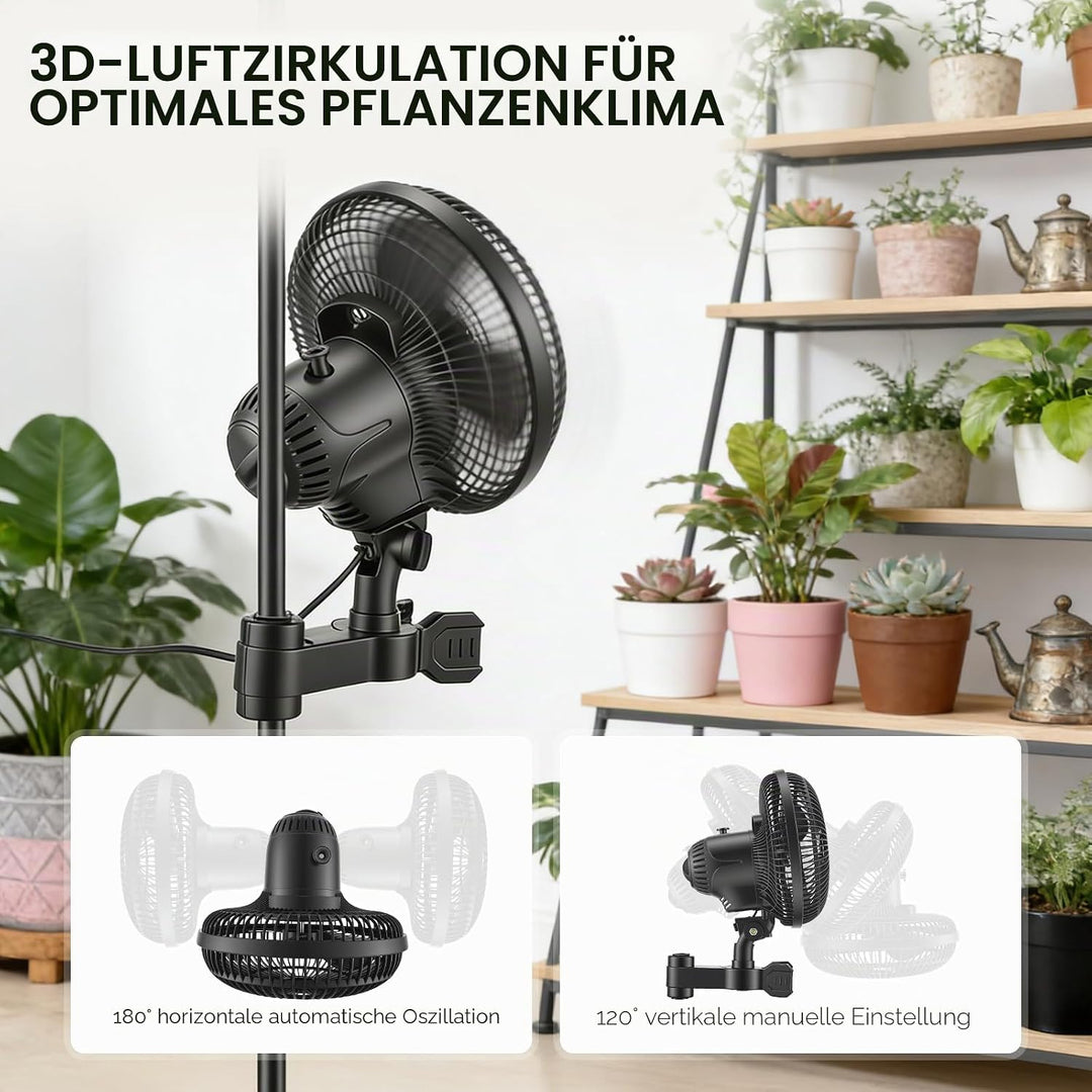 Grow Clip-Ventilator 25W, Oszillierender Klemmbar 22cm Durchmesser für Growzelt Growbox mit 1.5m lan